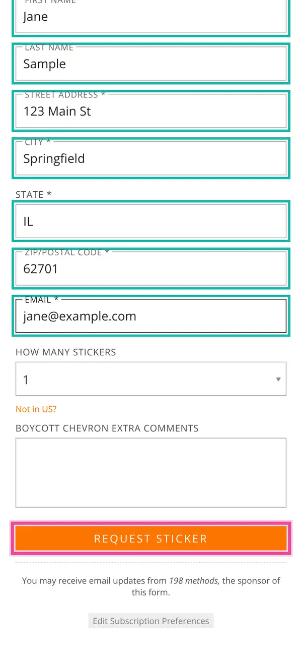 Show Your Support, Free Boycott Chevron Sticker: the form, step 3