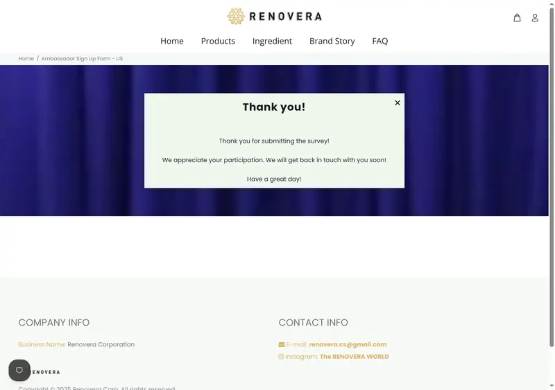 Renovera Fruit Vegetable Wash: the page after signing up