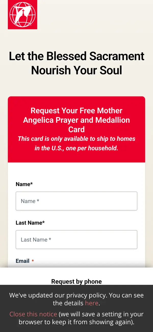 Mother Angelica Prayer Card with Medallion, Free Gift of Faith: the form, step 6