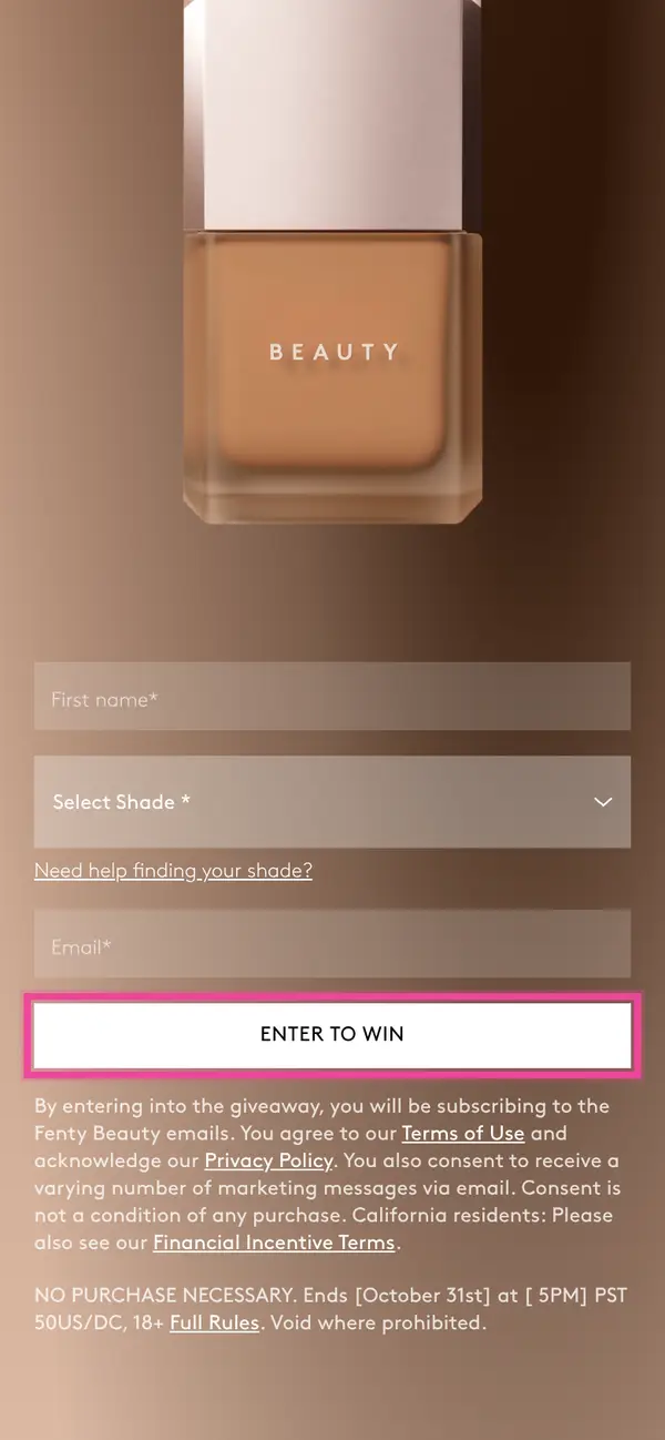 Enter to WIN a FREE Personalized Fenty Pro Filt'r Fluid Flex Foundation: the form, step 4