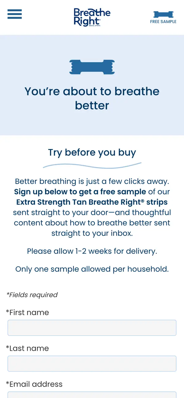 Get a FREE Breathe Right Extra Strength Nasal Strips Sample Pack: the form, step 3