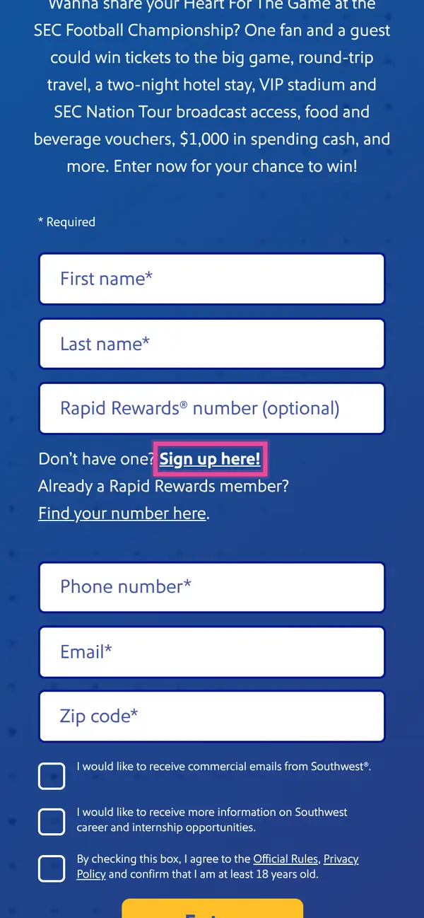 Win SEC Championship Game Trip with Southwest Airlines: the form, step 5