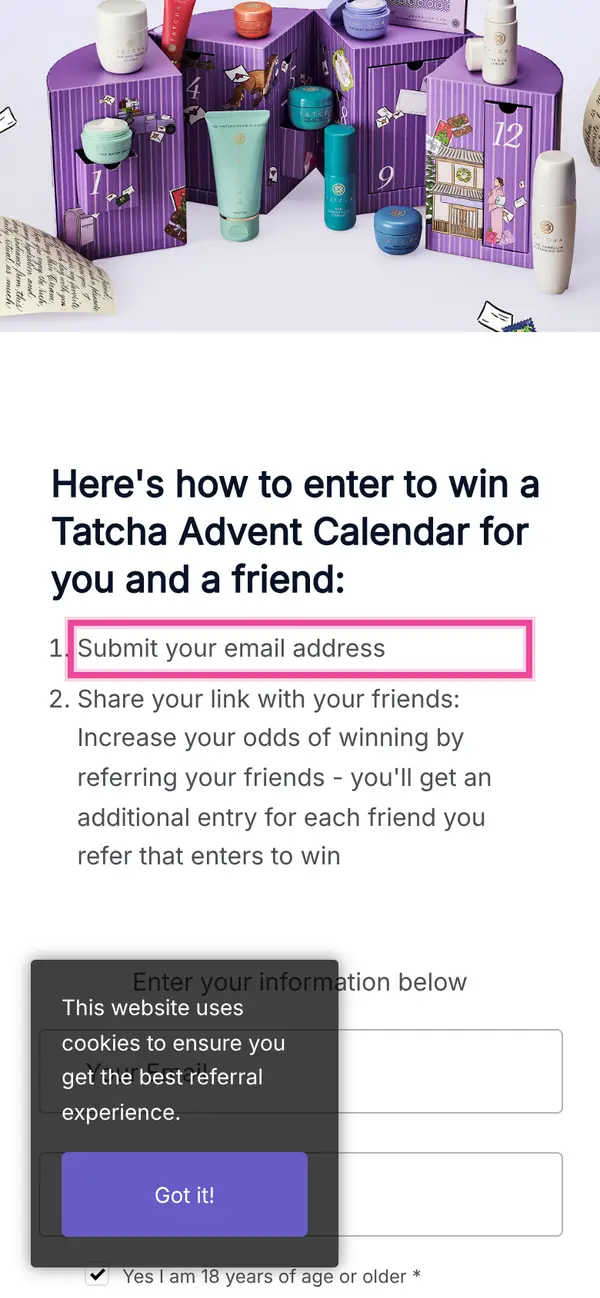 Win Tatcha Advent Calendars for You and a Friend: the form, step 5