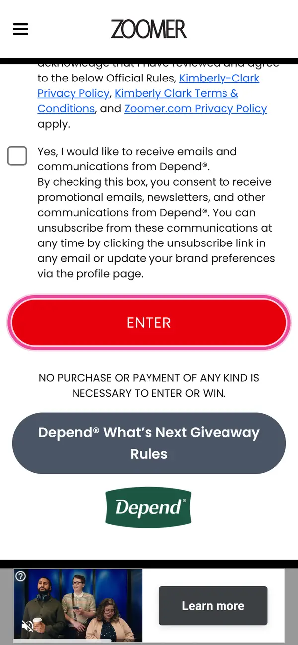 Win a $500 Amazon Card Plus Depend Supplies: the form, step 5