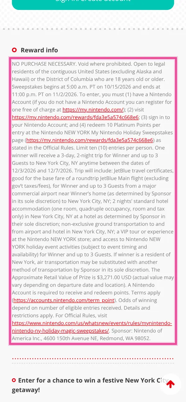 Win a Nintendo New York Holiday Trip: the form, step 3