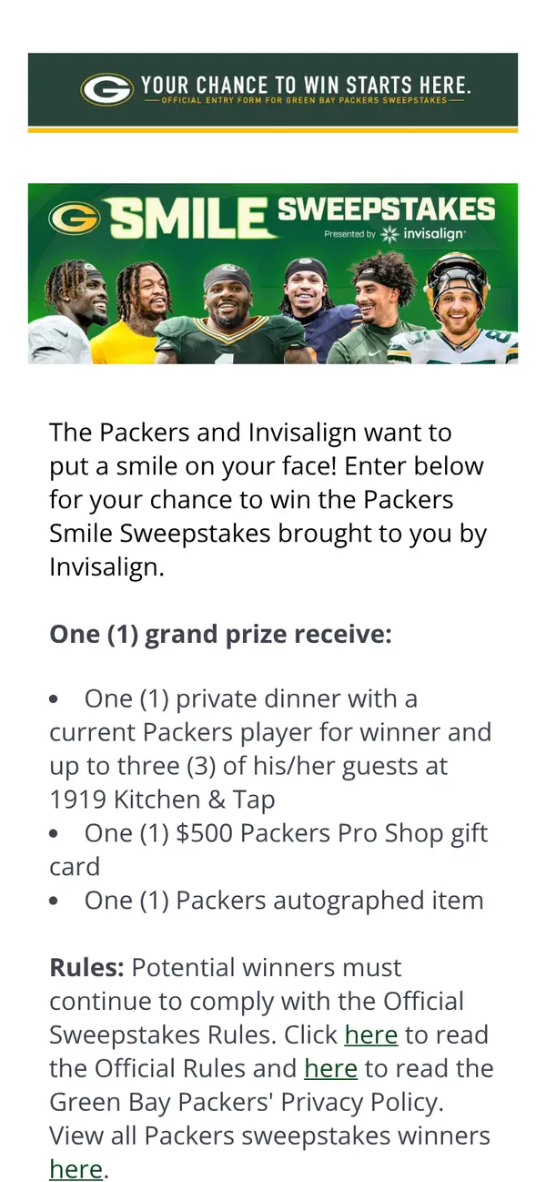 Win Packers Dinner and Pro Shop Gift Card: the form, step 6