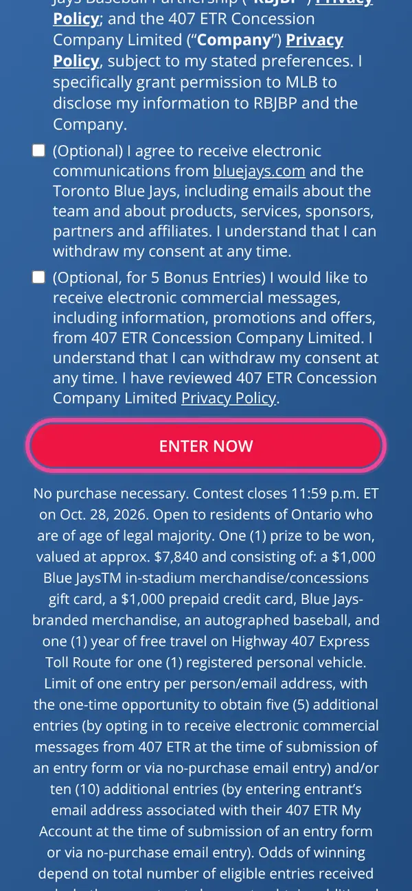 Win Blue Jays Package and Year of 407 ETR Travel: the form, step 5
