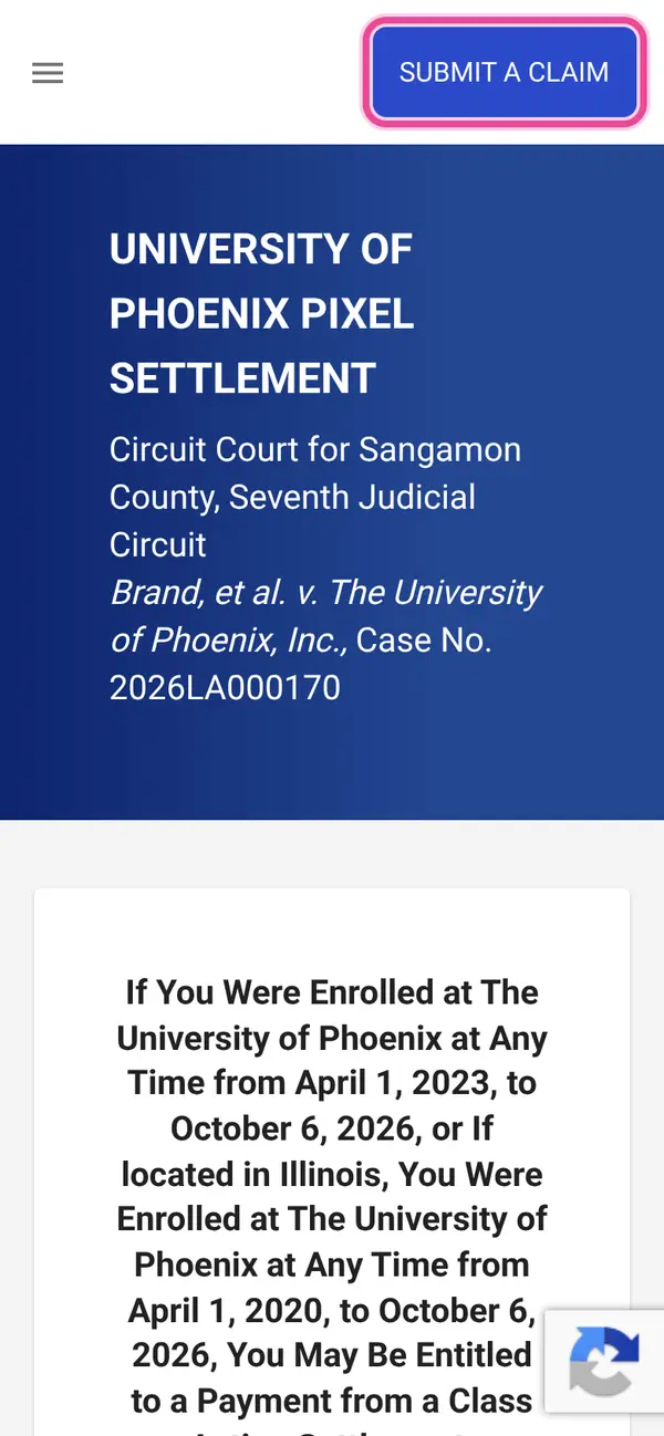 University of Phoenix Website Tracking Settlement Claim: the form, step 1