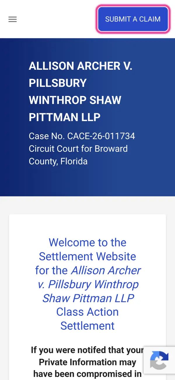 Pillsbury Winthrop Shaw Pittman Data Breach Settlement Claim: the form, step 1