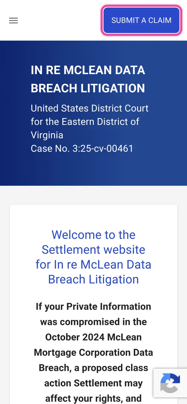 File a Claim in the McLean Mortgage Data Breach Settlement: the form, step 1