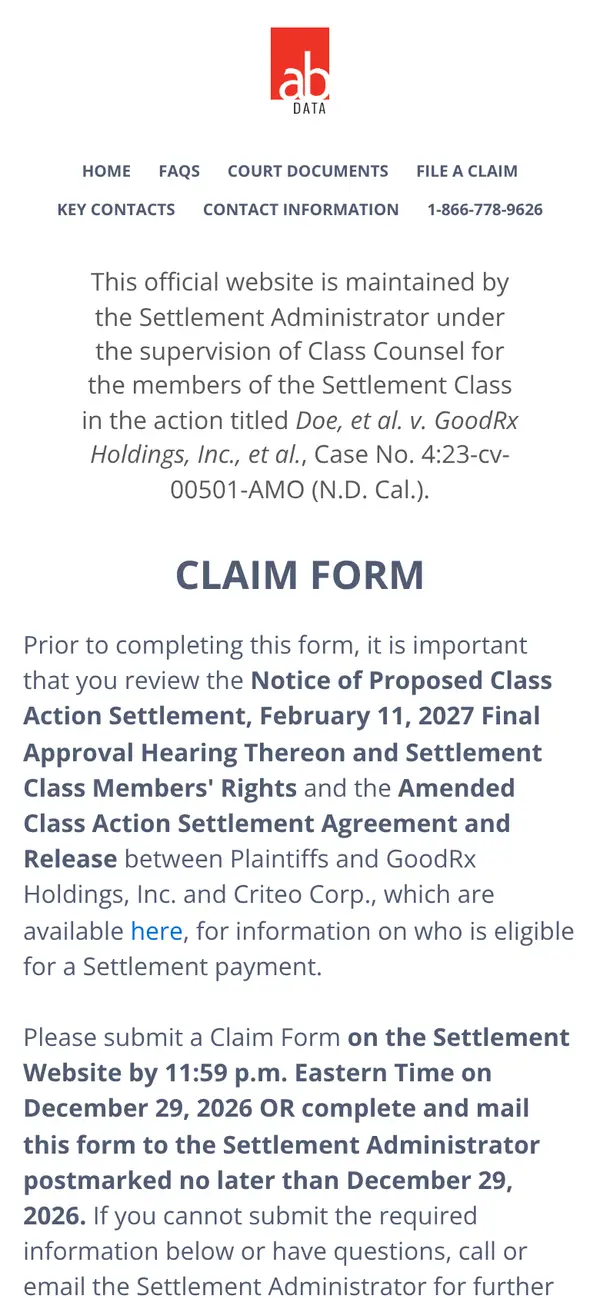 File a Claim in the GoodRx Privacy Settlement Before December 2026: the form, step 5