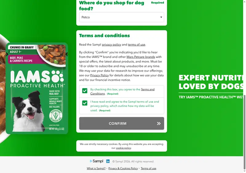 IAMS Proactive Health Wet Pouch Dog Food Sample: the page after signing up