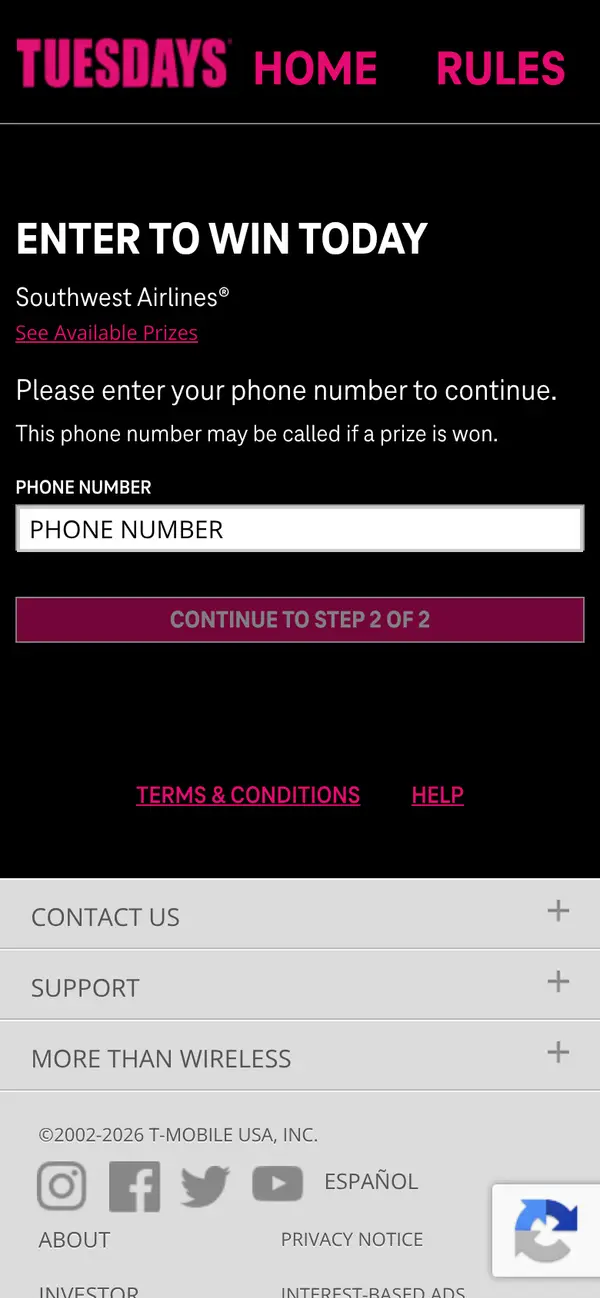 Win FREE Southwest Airlines Rapid Rewards Points via T-Mobile Tuesdays: the form, step 3