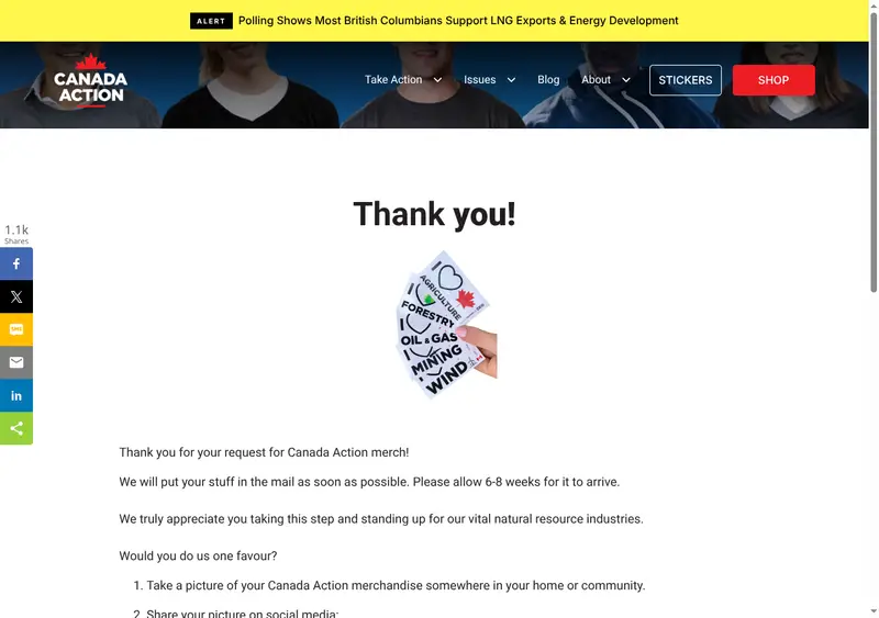 Claim FREE Canada Action Environmental Stickers by Mail: the page after signing up