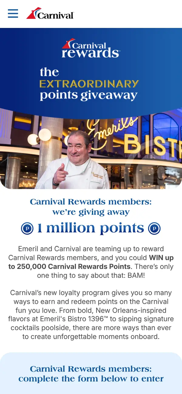 Win Up to 250,000 FREE Carnival Rewards Points Daily: the form, step 4