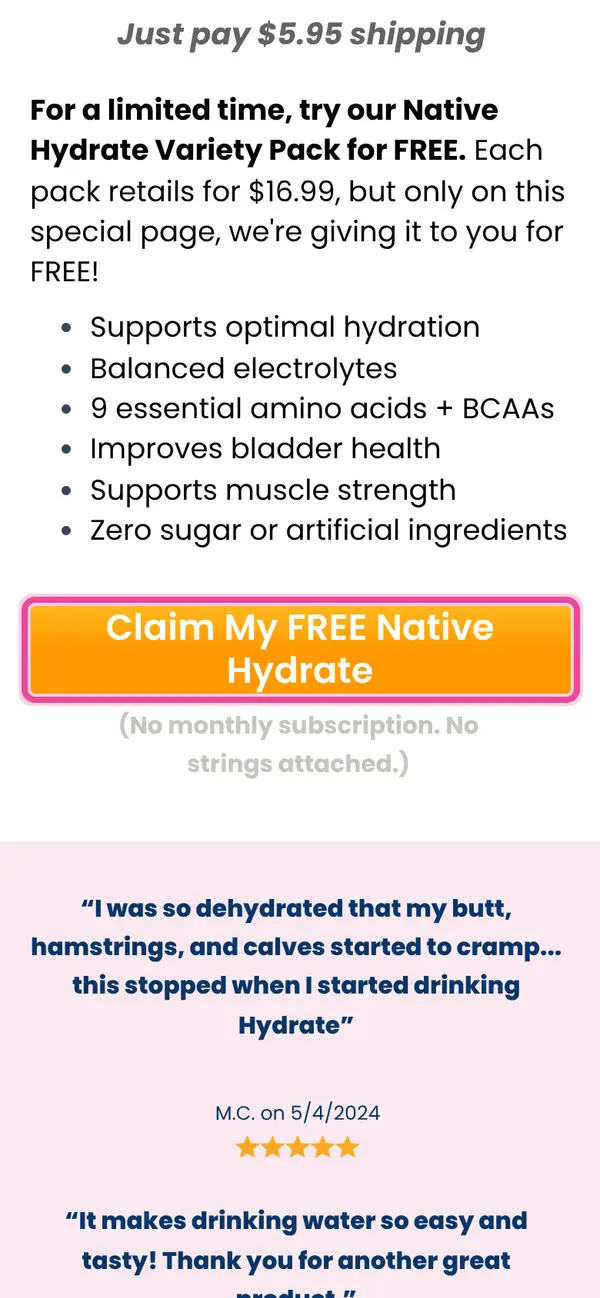 Feel the Difference, Free Native Hydrate Pack, Just Pay Shipping: the form, step 1