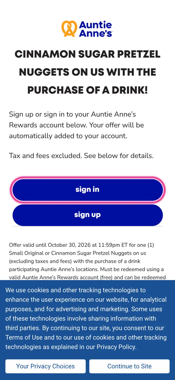 Today’s Special: Free Pretzel at Auntie Anne’s!: the form, step 2