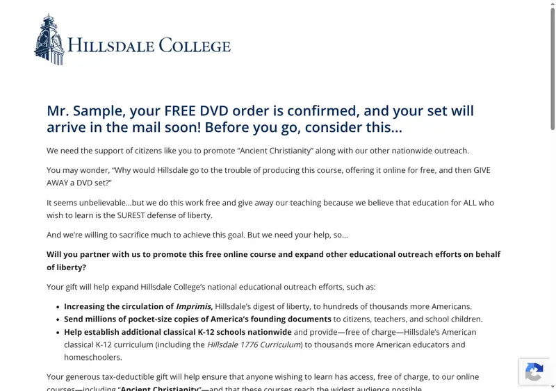 Hillsdale College Offers Free Ancient Christianity DVD Set ($100 Value): the page after signing up