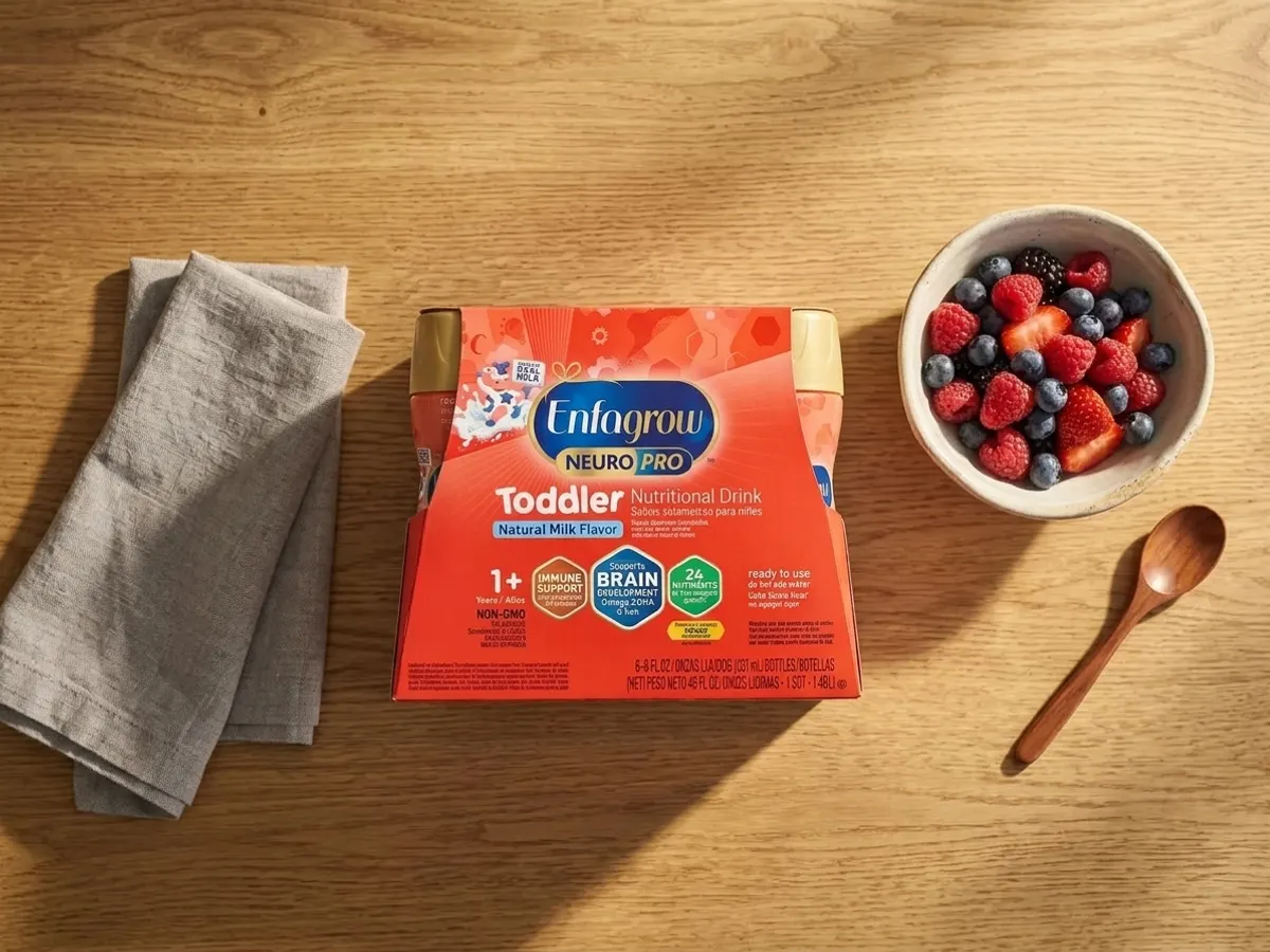 Enfagrow NeuroPro Toddler Drink, overhead flat lay with berries and linens