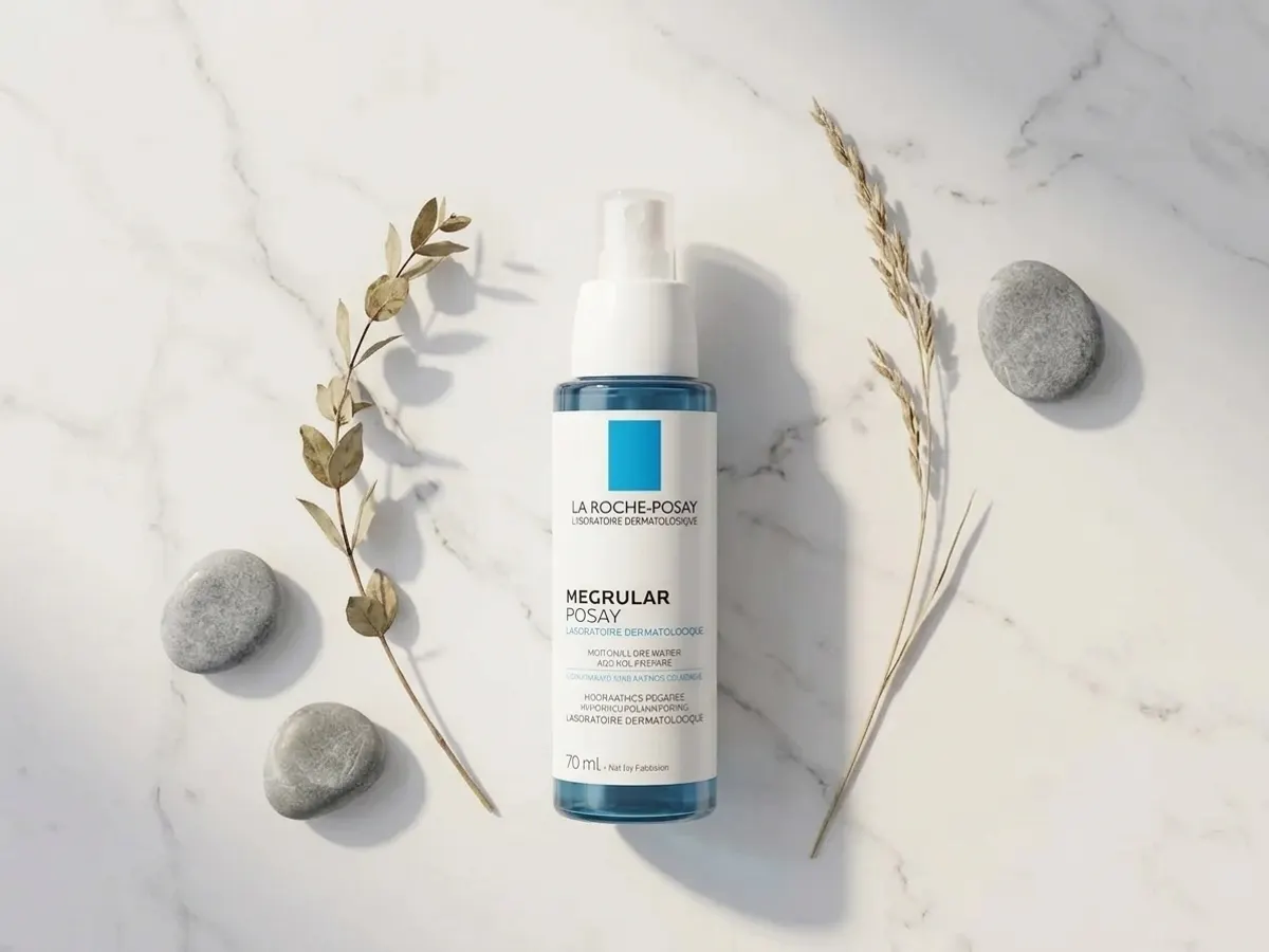 La Roche-Posay Toleriane Double Repair Face Moisturizer, overhead flat lay with natural elements