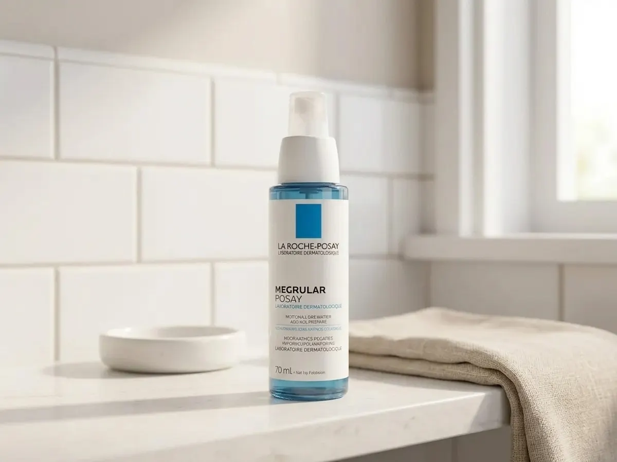 La Roche-Posay Toleriane Double Repair Face Moisturizer, product displayed on bathroom vanity