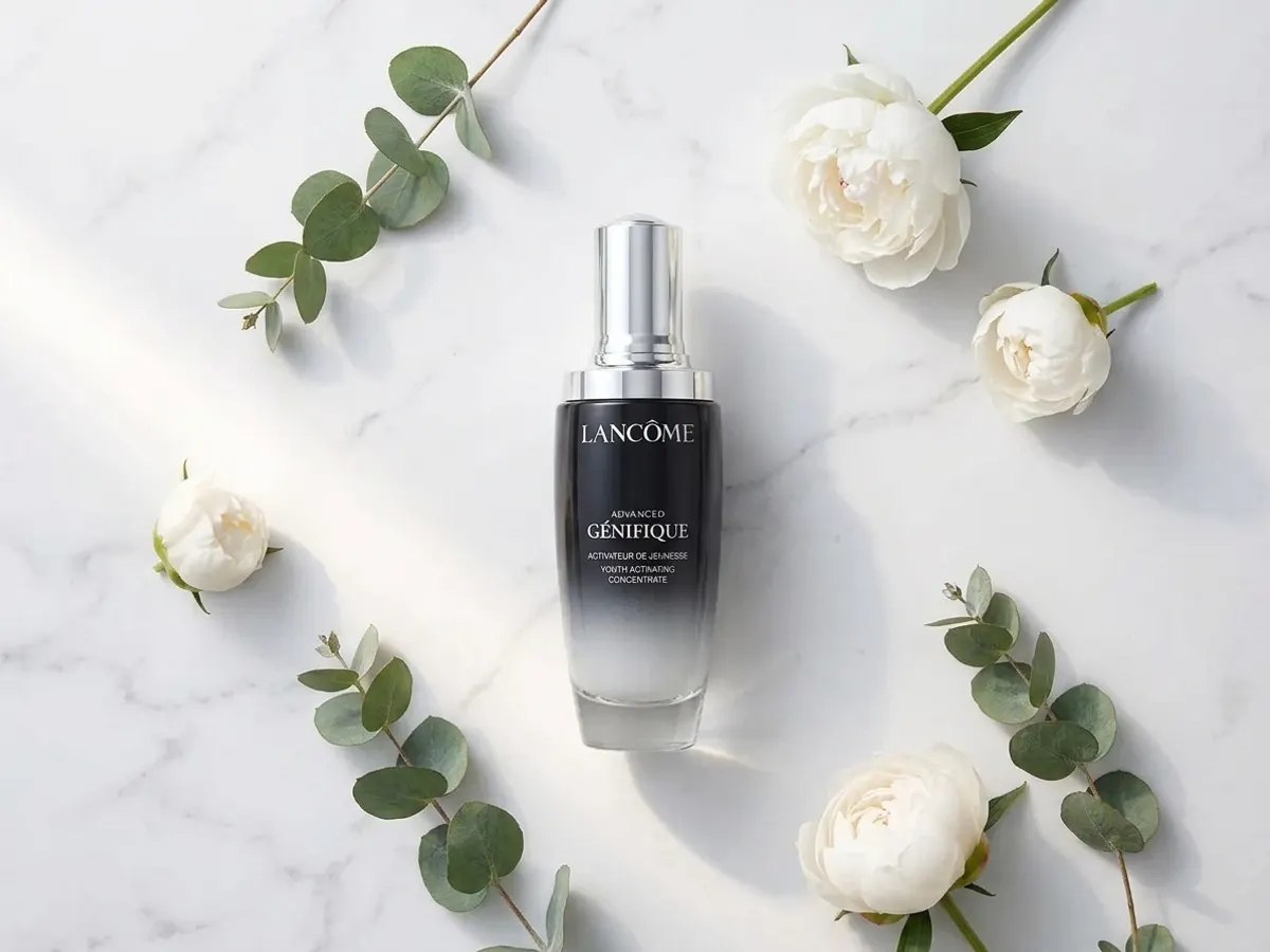Lancôme Génifique Serum, skincare serum with fresh botanicals overhead