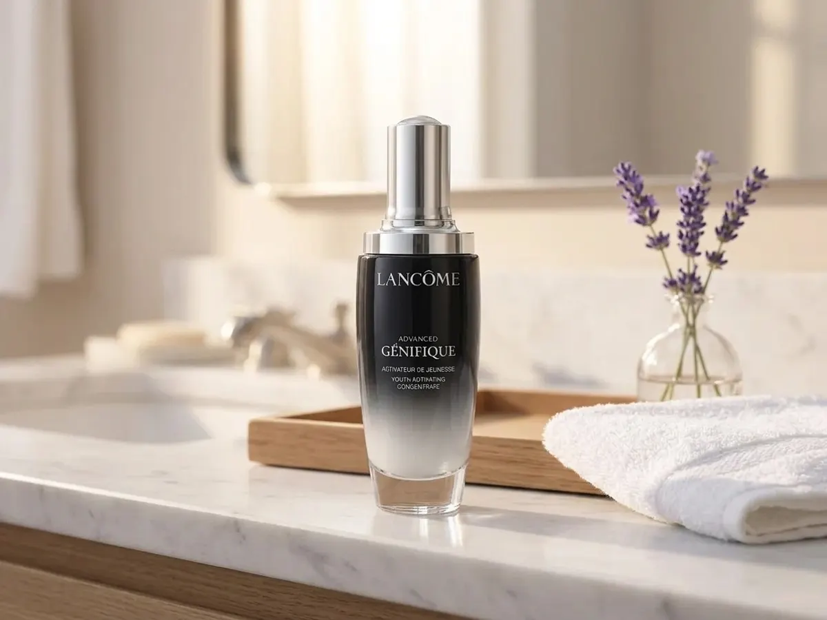 Lancôme Génifique Serum, serum displayed on bathroom vanity