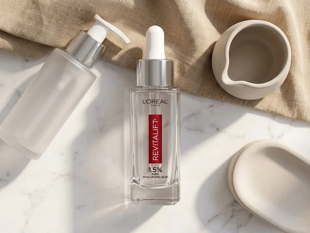 L'Oreal Paris Revitalift Derm Intensives Serum, serum displayed on elegant marble vanity