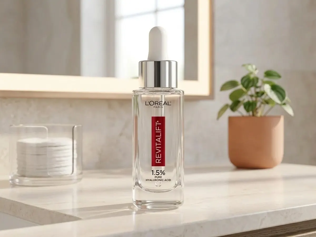 L'Oreal Paris Revitalift Derm Intensives Serum, product positioned on bright bathroom counter