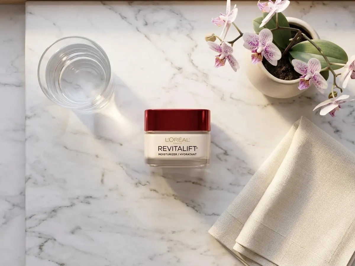 L'Oreal Paris Revitalift Cream, luxury skincare flat lay with orchid