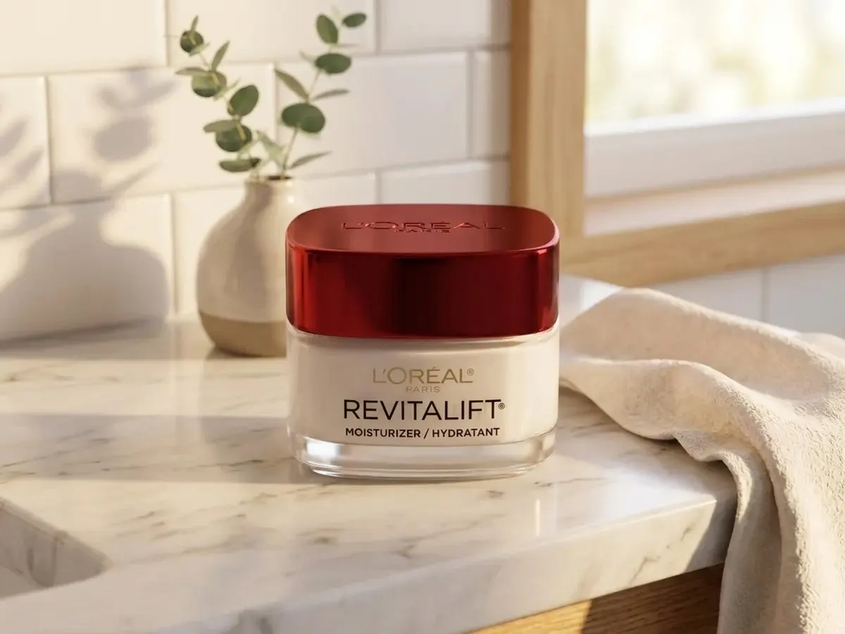 L'Oreal Paris Revitalift Cream, bathroom vanity with natural sunlight