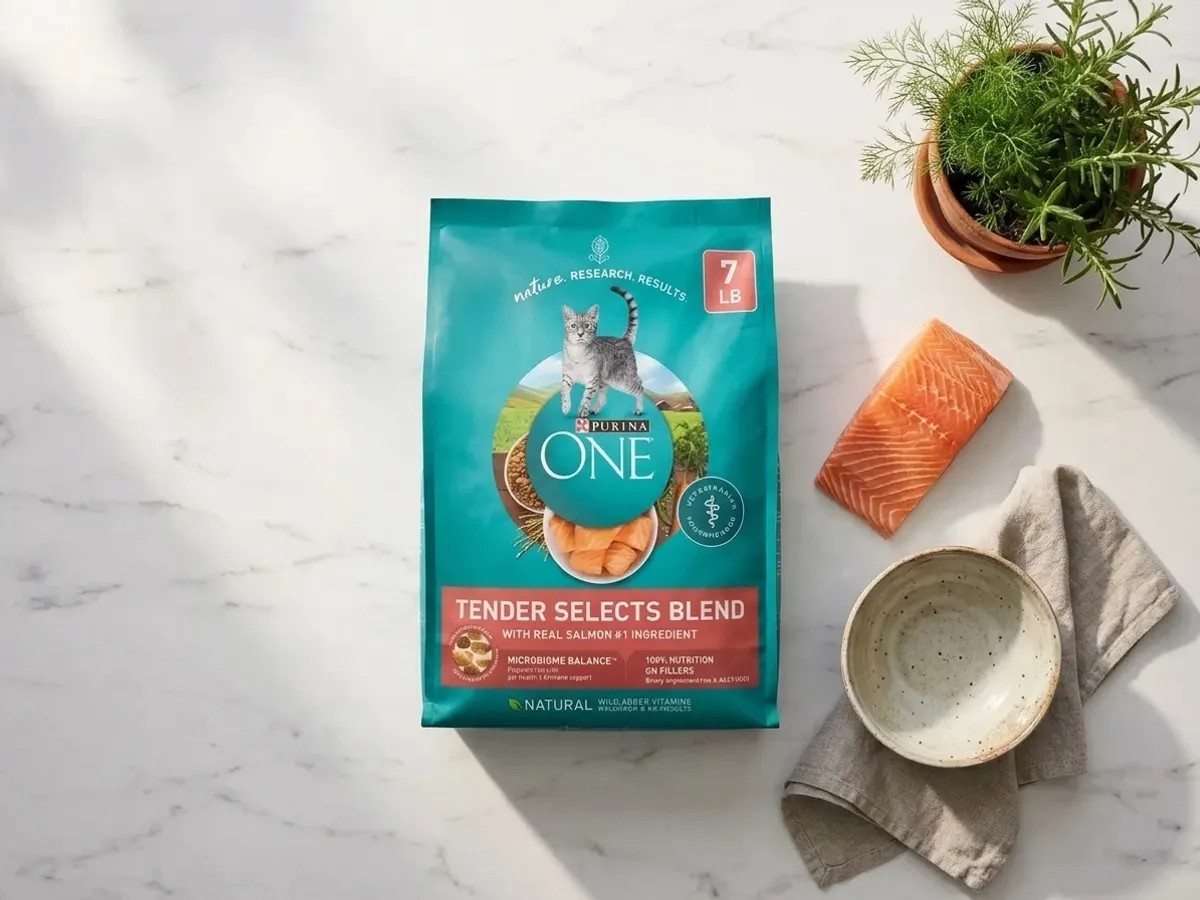 Purina ONE Tender Selects Blend With Real Salmon Cat Food, premium ingredients arranged on marble surface