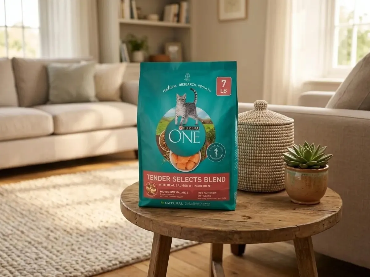 Purina ONE Tender Selects Blend With Real Salmon Cat Food, pet food in warm home living space