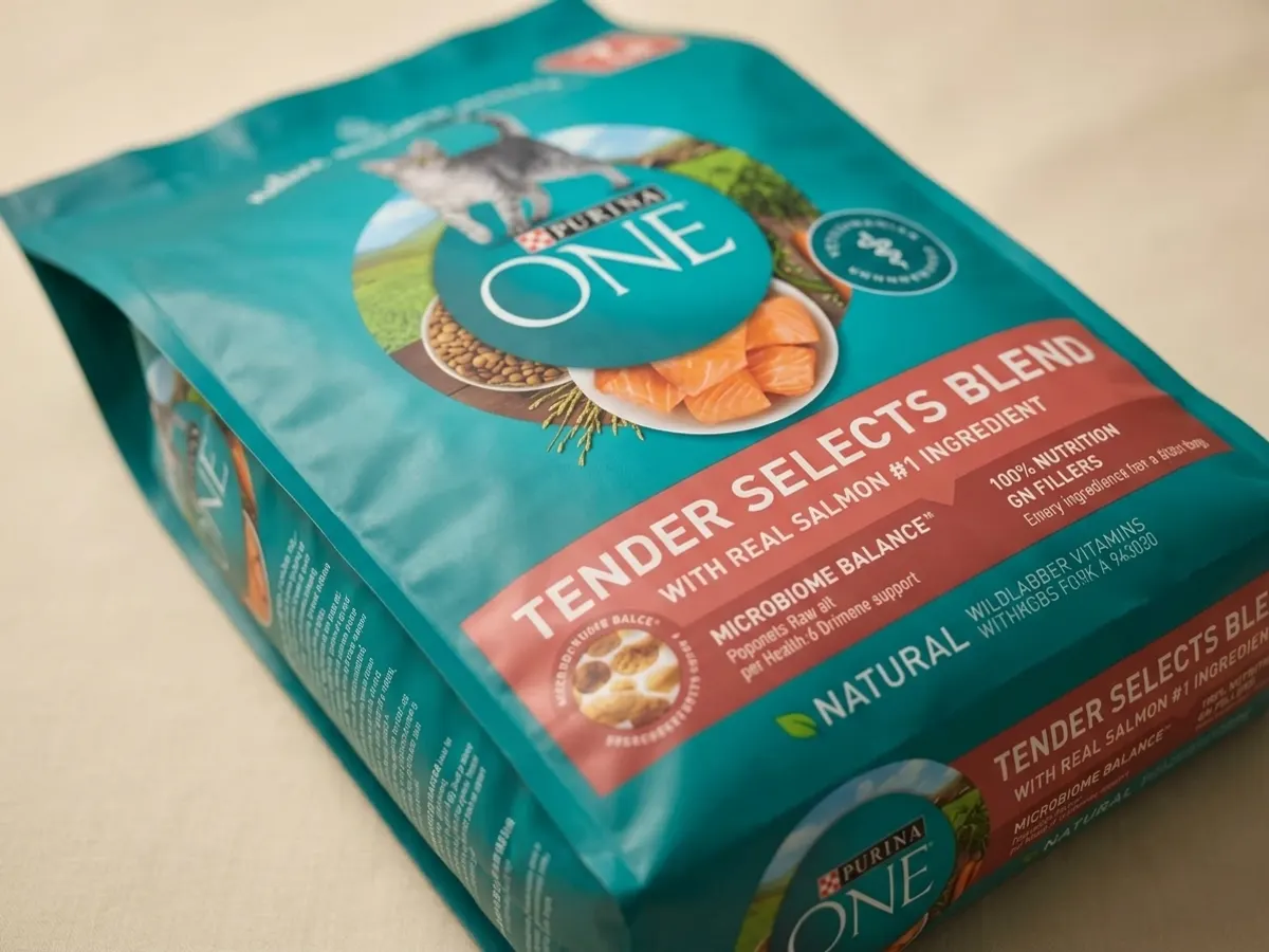 Purina ONE Tender Selects Blend With Real Salmon Cat Food, detailed packaging label in soft focus