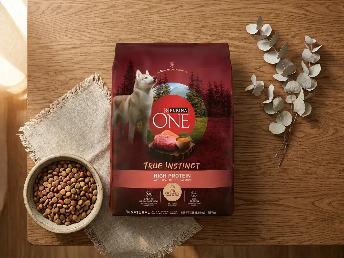 Purina ONE SmartBlend True Instinct With Real Beef & Salmon Dog Food, overhead flat lay with dog bowl and linens