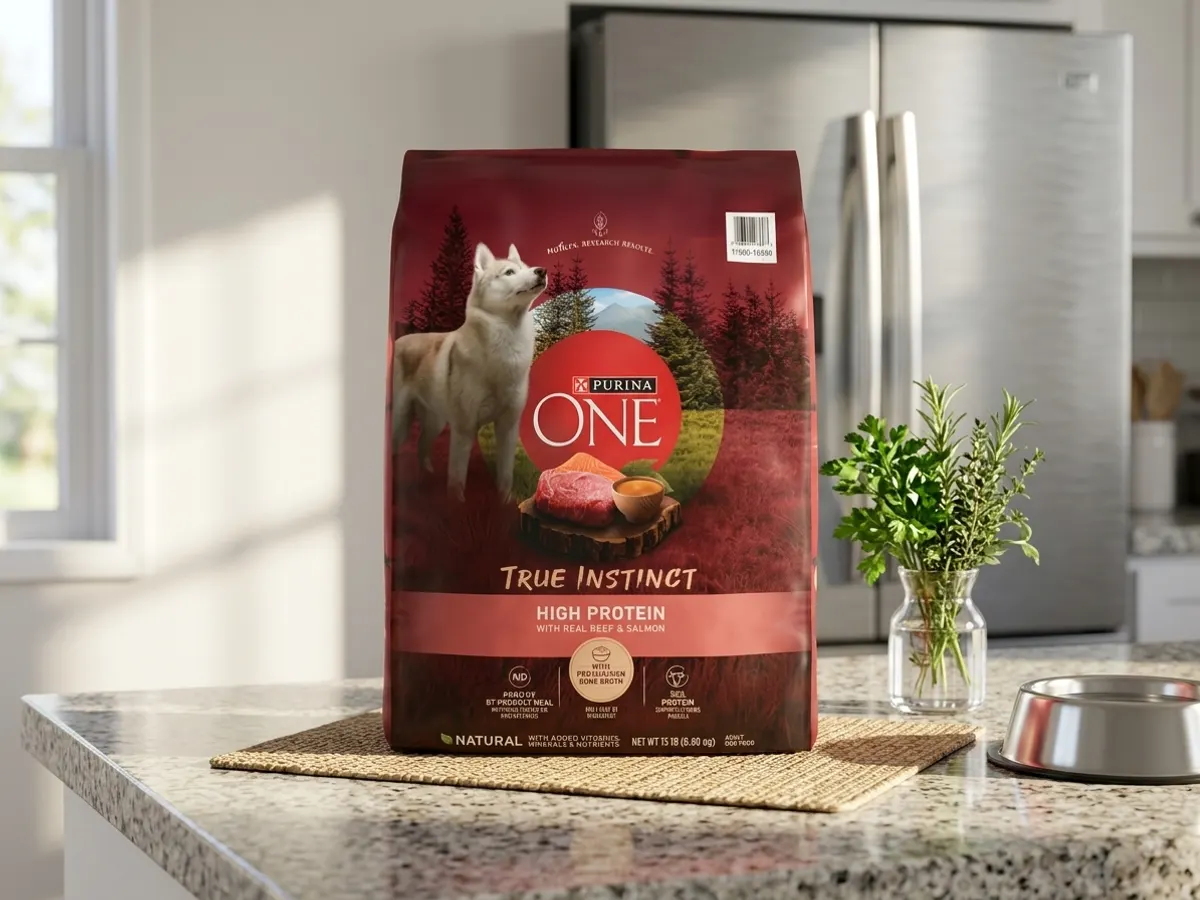 Purina ONE SmartBlend True Instinct With Real Beef & Salmon Dog Food, kitchen counter with water bowl setup