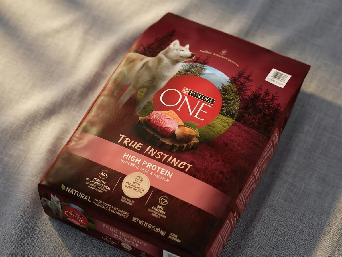Purina ONE SmartBlend True Instinct With Real Beef & Salmon Dog Food, close-up packaging details with soft focus