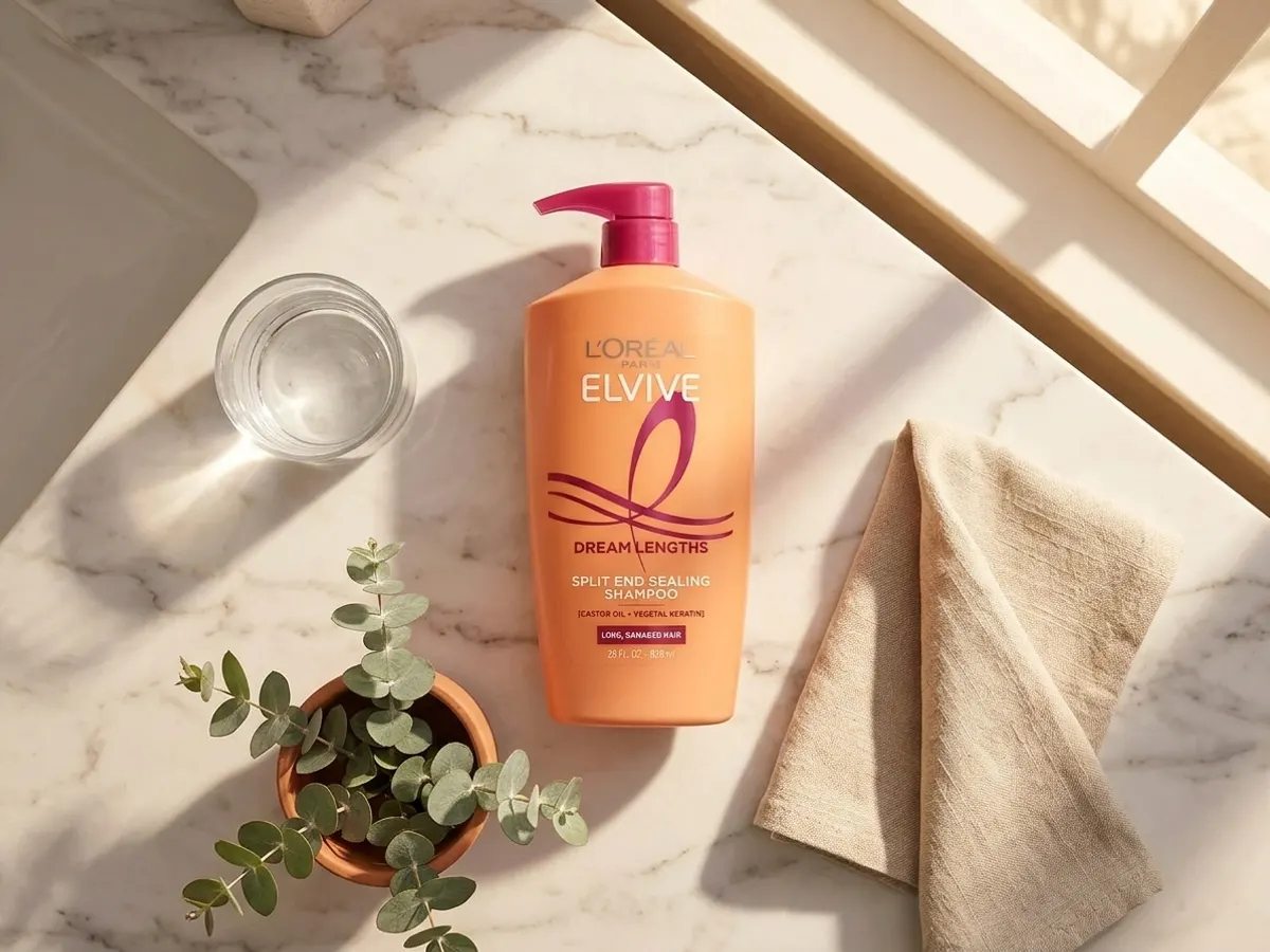 L'Oreal Elvive Dream Lengths Shampoo, luxury bathroom product flat lay arrangement