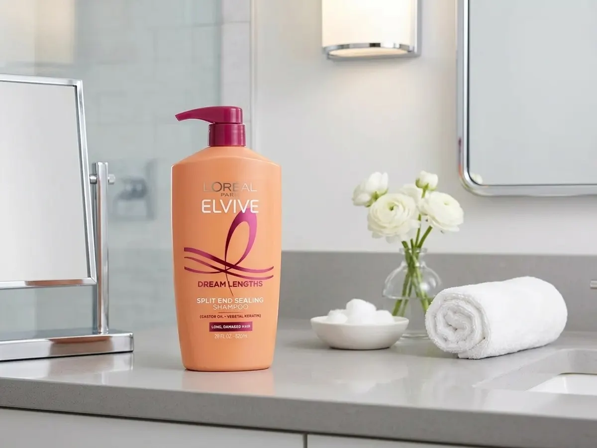 L'Oreal Elvive Dream Lengths Shampoo, product displayed on bathroom vanity counter