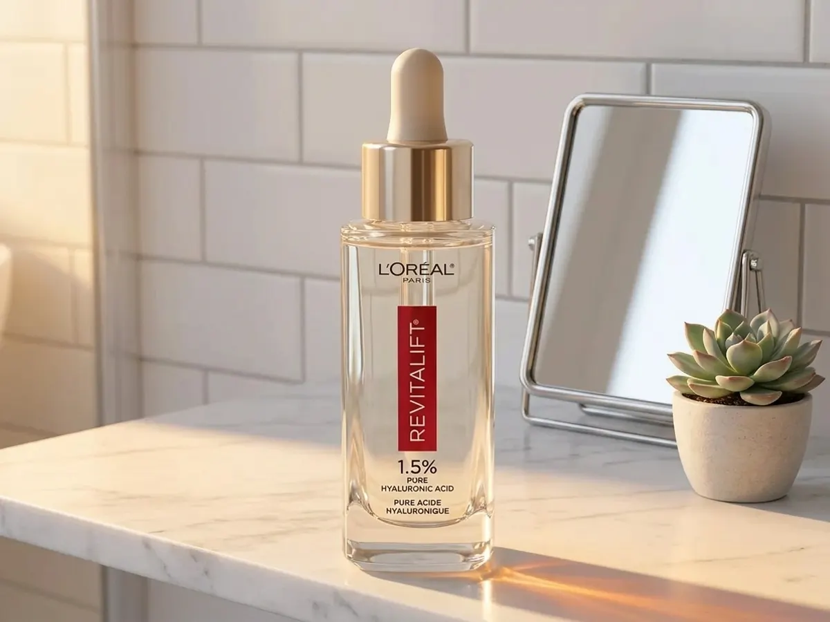 L'Oreal Paris Revitalift Hyaluronic Acid Serum, product displayed on minimalist bathroom counter