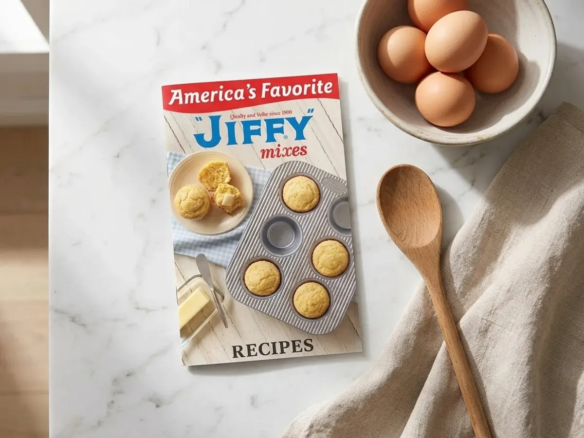 Jiffy Baking Mix Recipe Book, flat lay with baking essentials