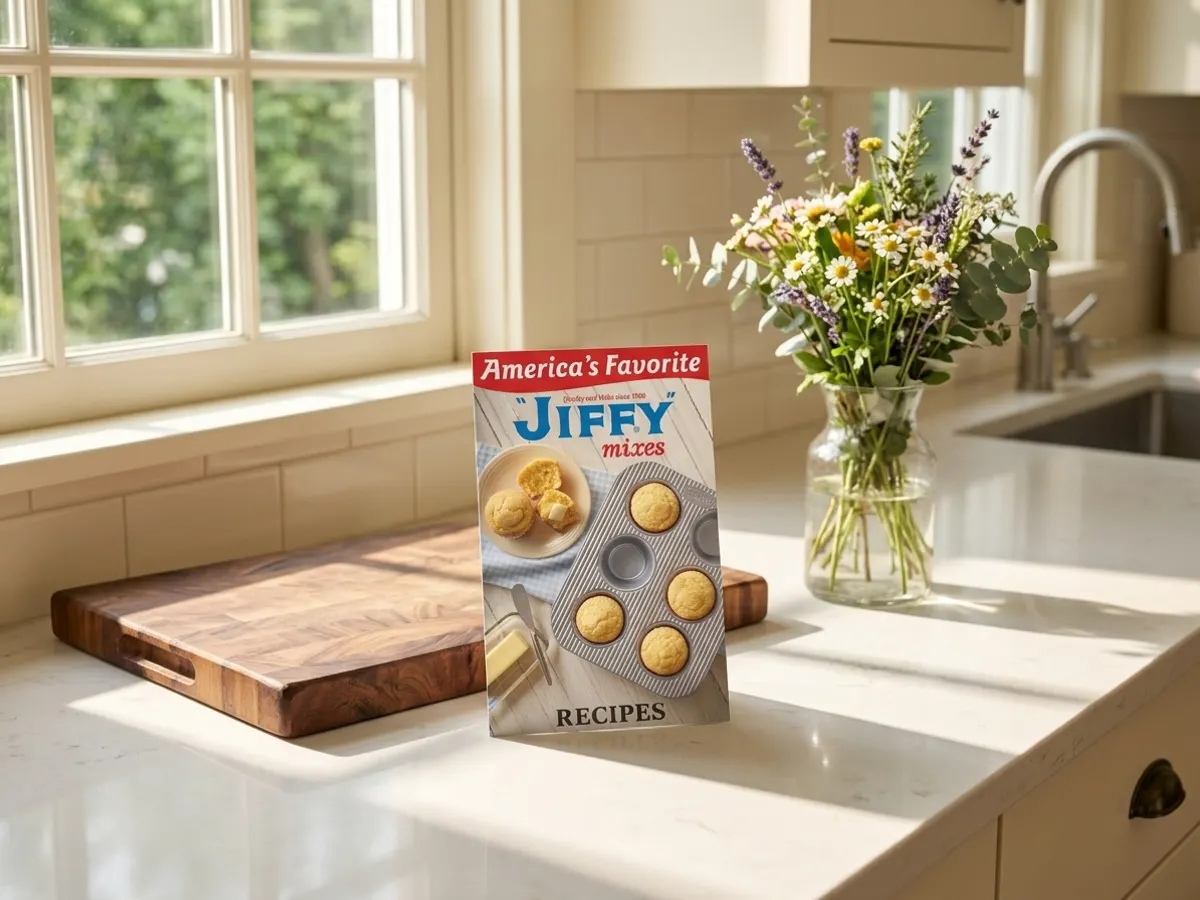 Jiffy Baking Mix Recipe Book, kitchen counter in natural light