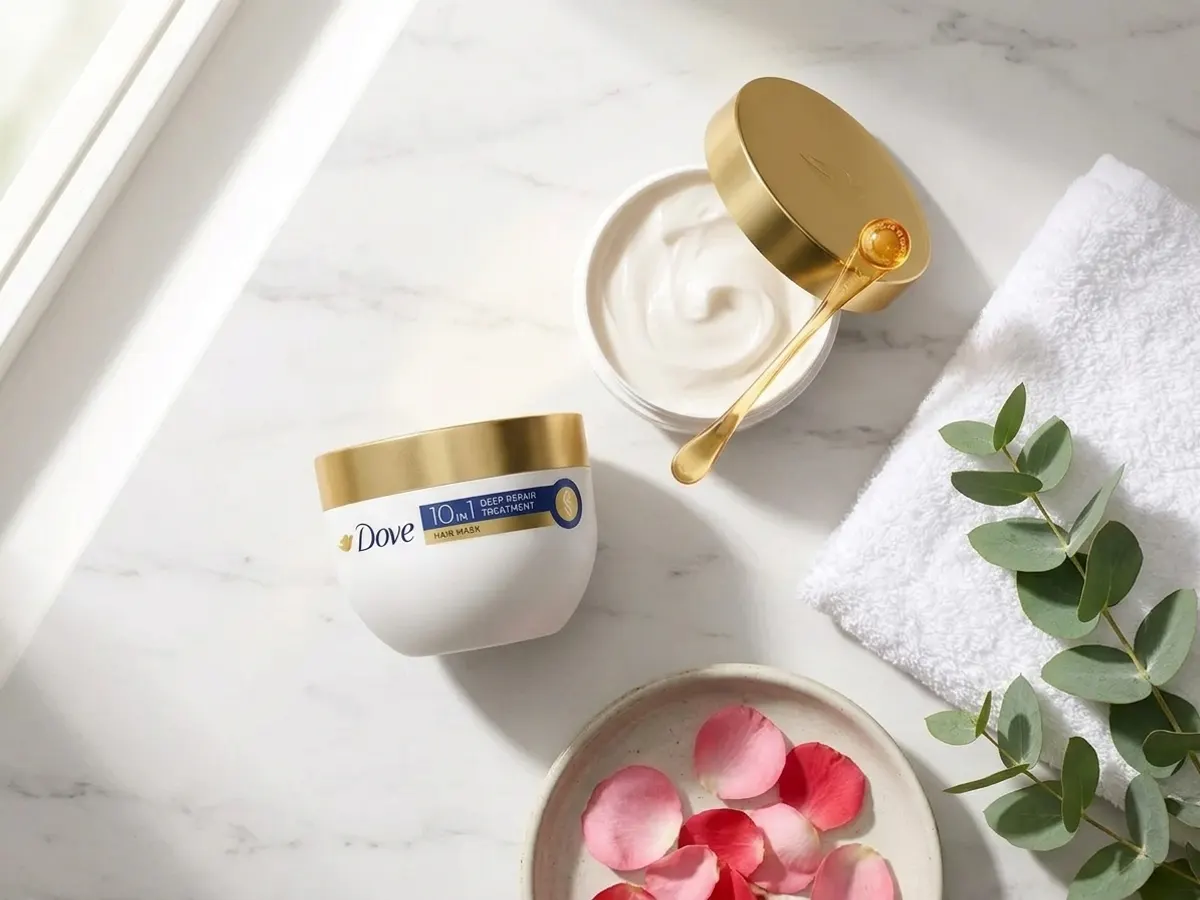 Dove 10-in-1 Cream Hair Mask, overhead flat lay with spa accessories