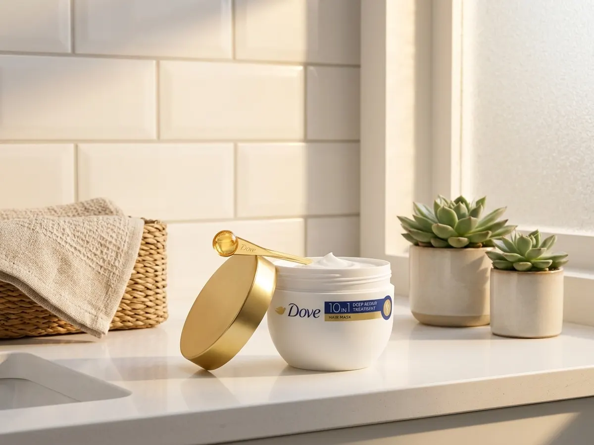 Dove 10-in-1 Cream Hair Mask, product displayed on bathroom vanity