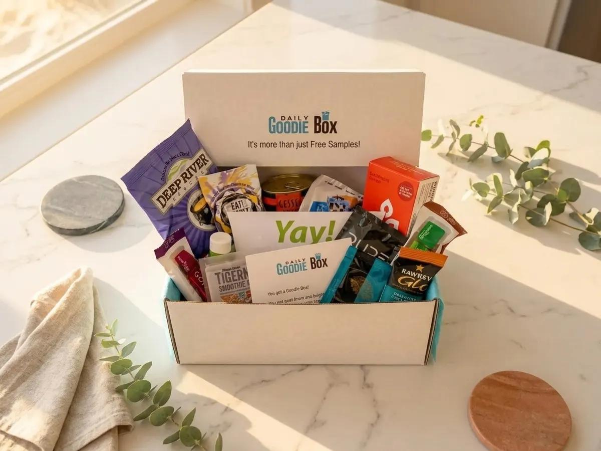 Daily Goodie Box Member Sample Box, styled flat lay with natural elements