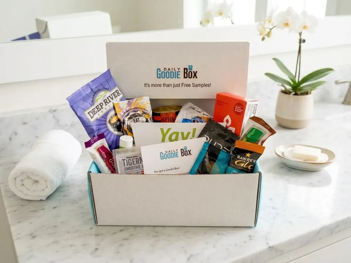 Daily Goodie Box Member Sample Box, product displayed on bathroom vanity