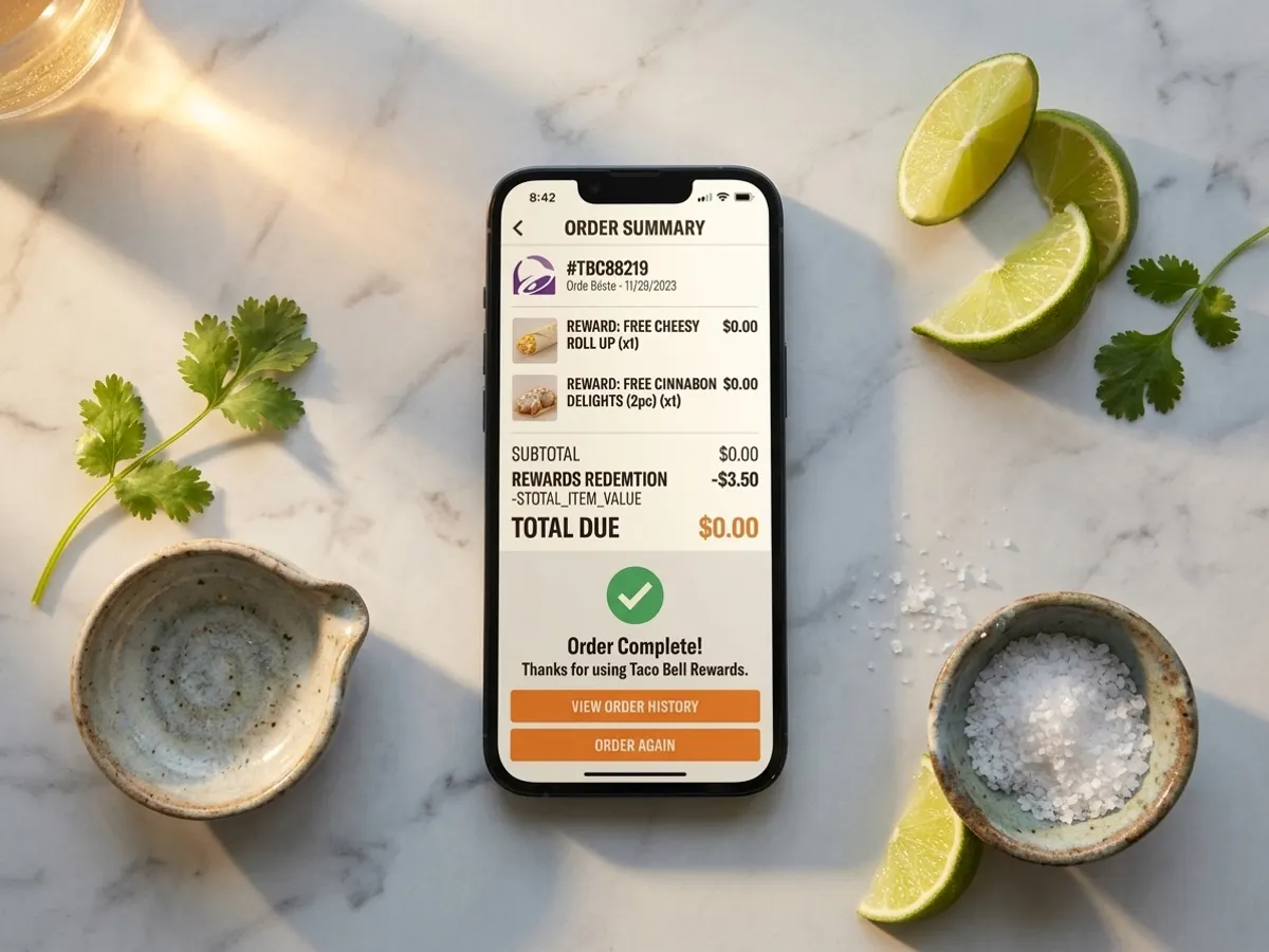 Taco Bell Item via Rewards, flat lay with fresh lime and herbs