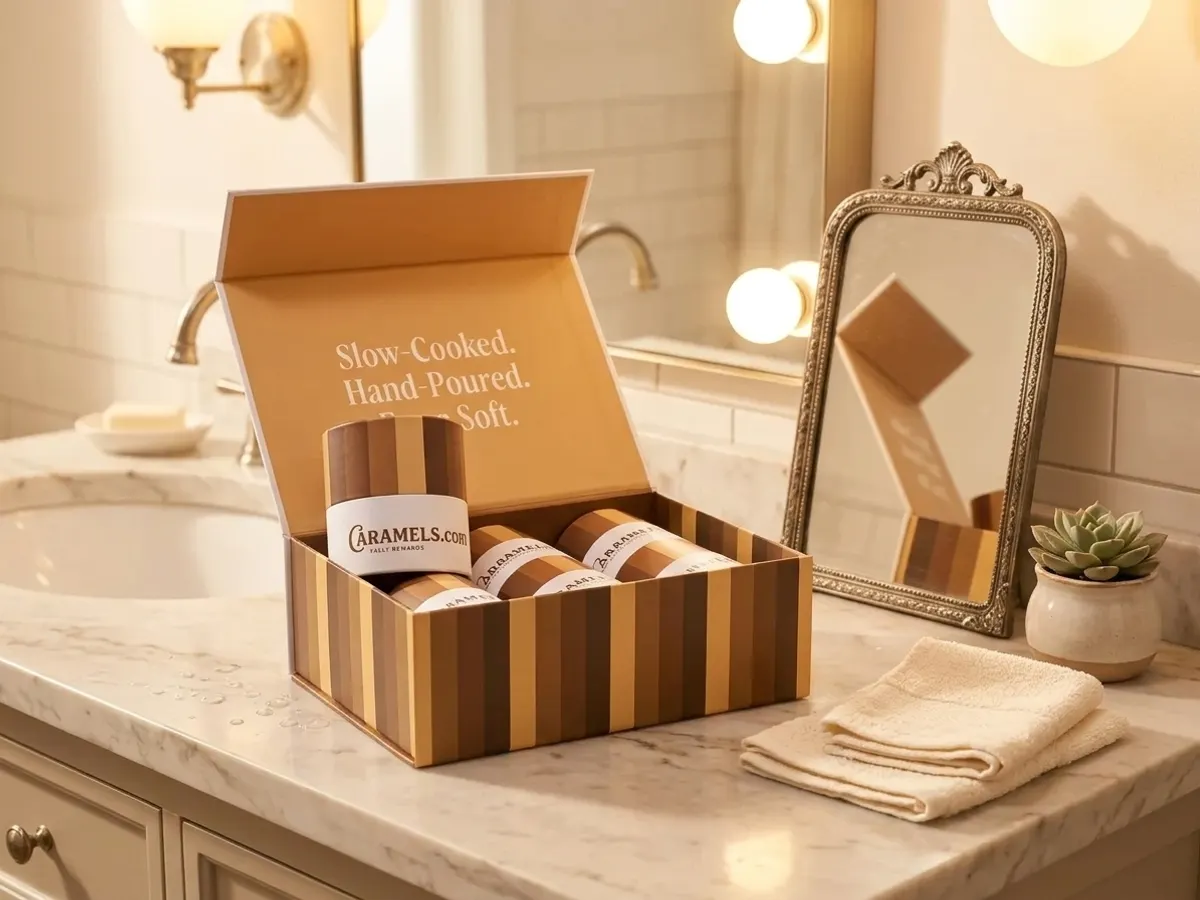 Sampler Assorted Product Box, product displayed on bathroom vanity