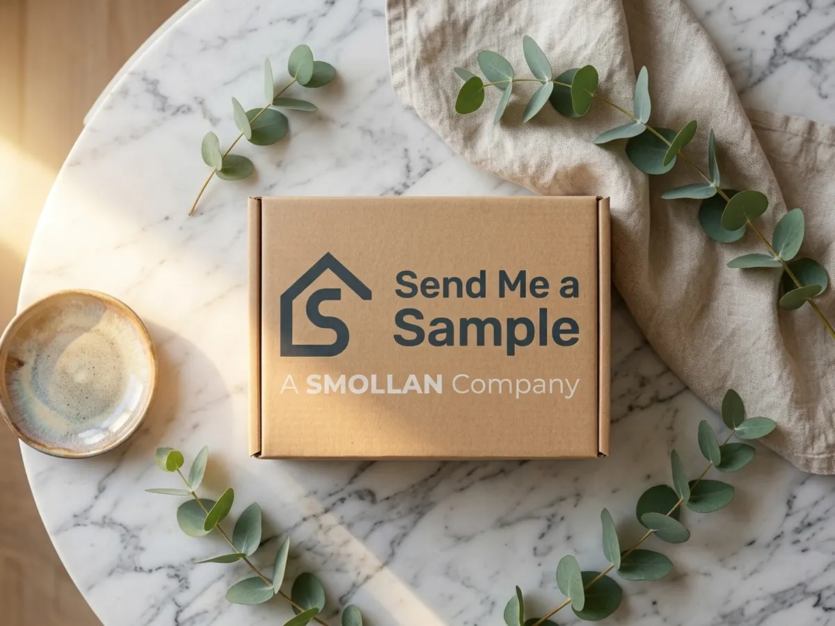 Send Me a Sample Assorted Products, flat lay with natural botanical elements