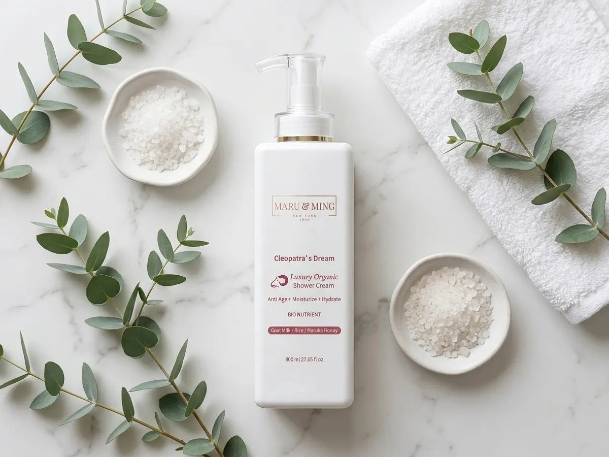 Maru & Ming Cleopatra's Dream Body Wash, luxe bath products arranged overhead